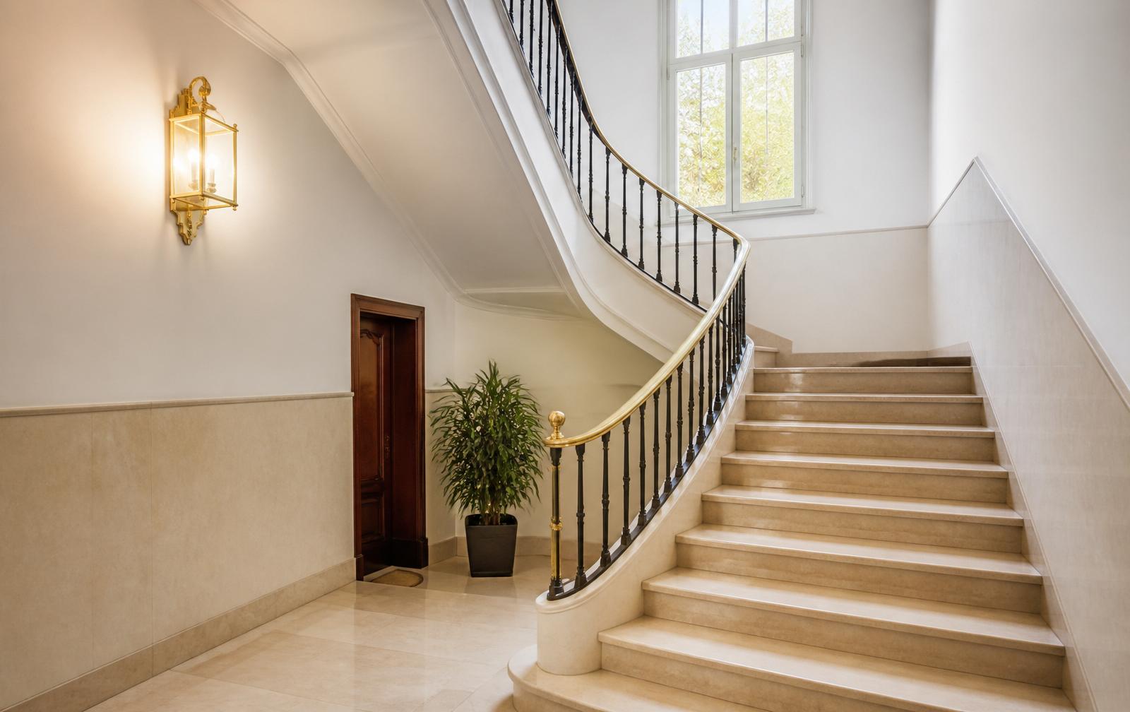 Gepflegtes Treppenhaus mit polierten Steinstufen und Messinghandlauf in einem Stuttgarter Mehrfamilienhaus